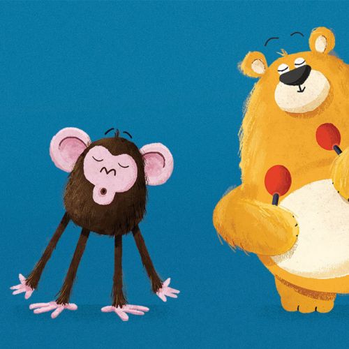 Crocodile playing triangle, monkey, and bear with maracas illustration