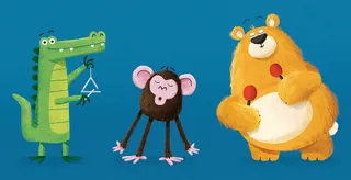 Crocodile playing triangle, monkey, and bear with maracas illustration