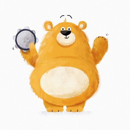 Illustration of a smiling bear holding a tambourine