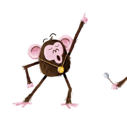 Three cartoon monkeys dancing, playing drum, and hanging from branch