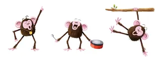 Three cartoon monkeys dancing, playing drum, and hanging from branch