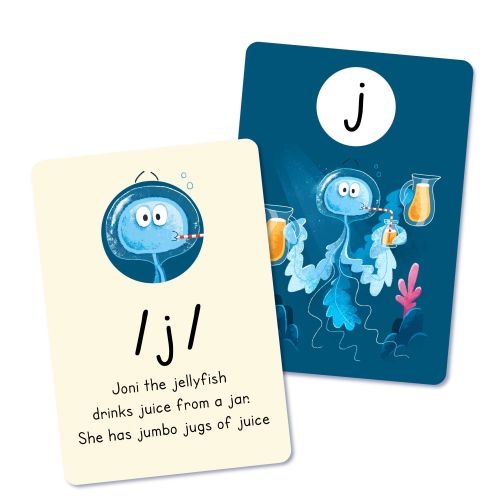 Illustrated phonics card of Joni the Jellyfish by Paperface