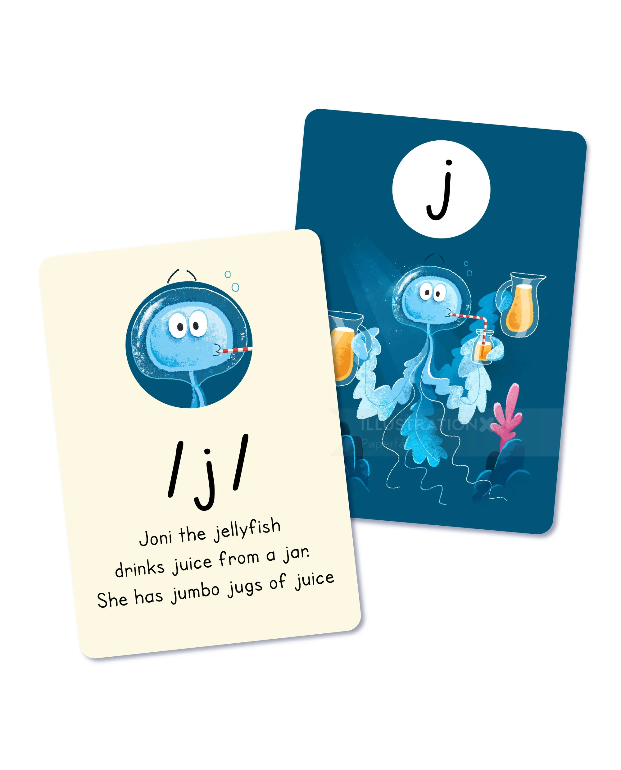 Illustrated phonics card of Joni the Jellyfish by Paperface