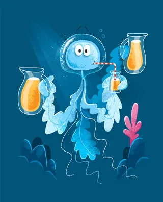 Illustration of Joni the Jellyfish holding two pitchers with juice by Paperface
