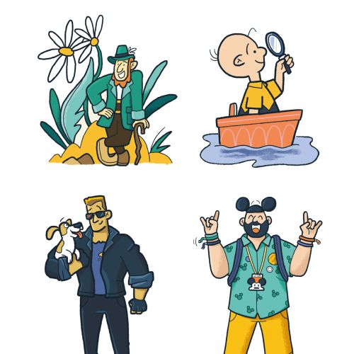 Illustration of four colorful cartoon characters by Paperface in different settings