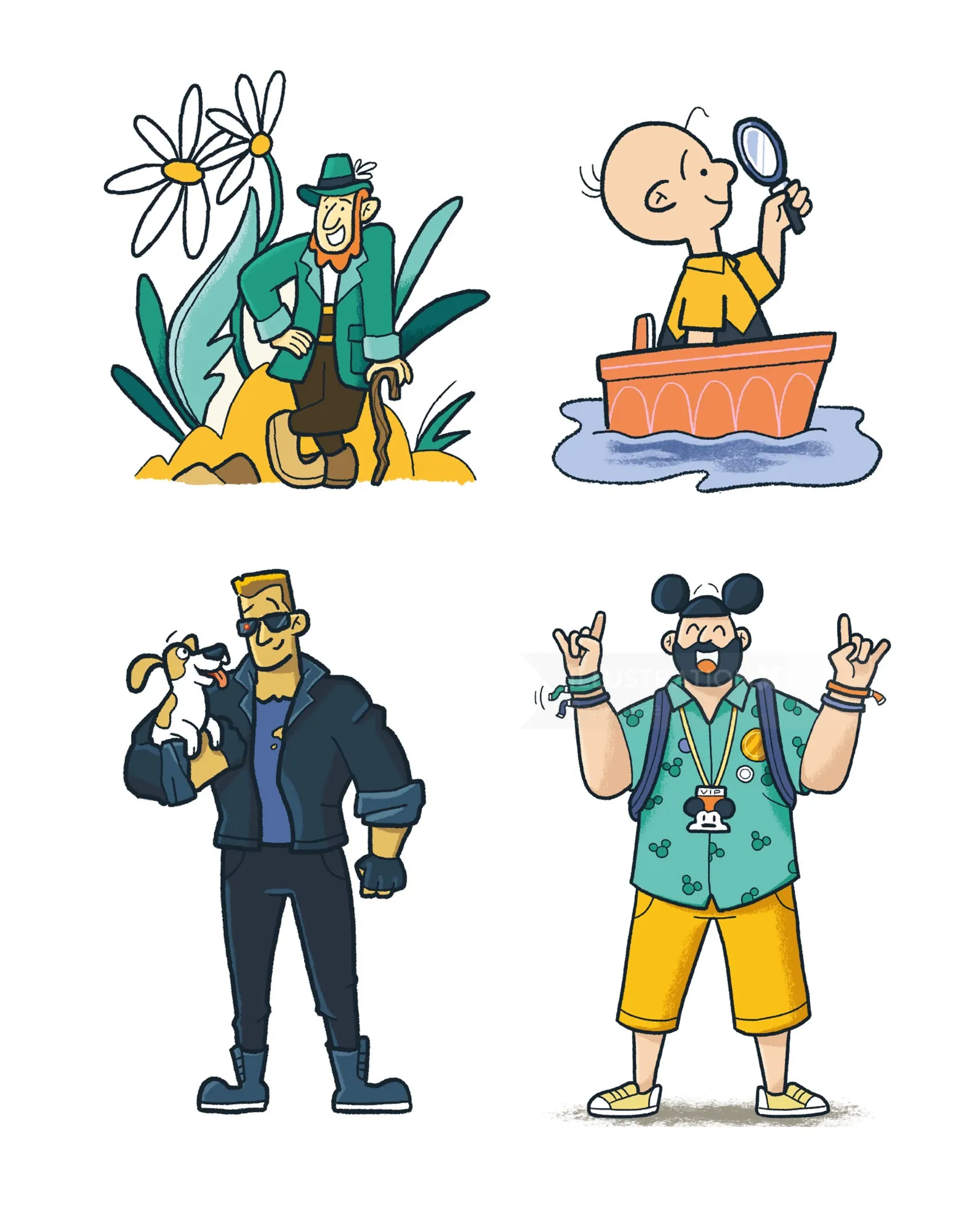 Illustration of four colorful cartoon characters by Paperface in different settings