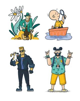 Illustration of four colorful cartoon characters by Paperface in different settings