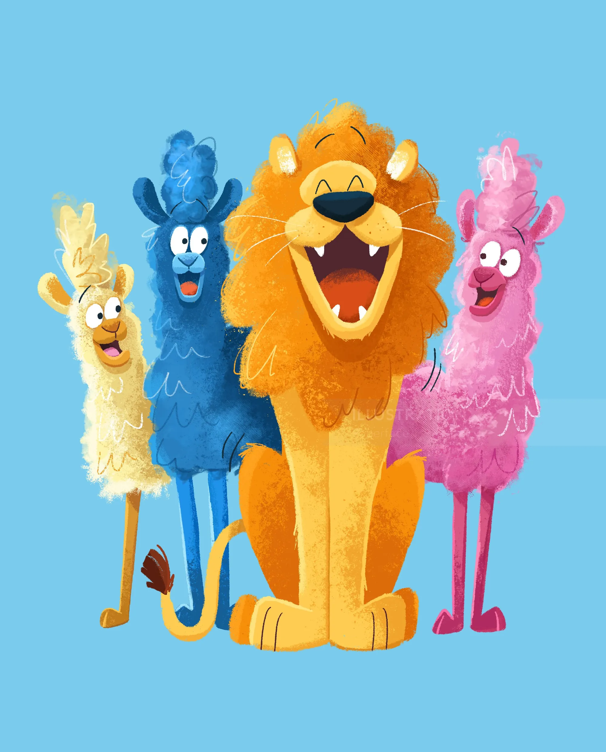 Luna the Lion with three colorful birds by Paperface