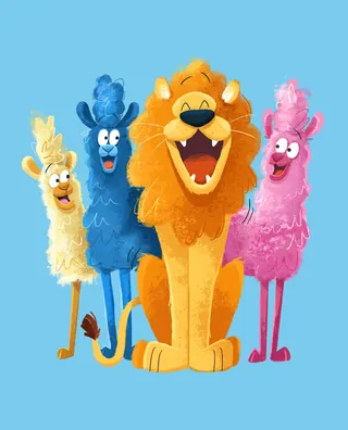 Luna the Lion with three colorful birds by Paperface