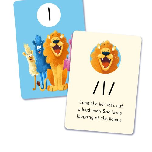 Illustration of Luna the Lion with phonics sound and laughing llamas by Paperface