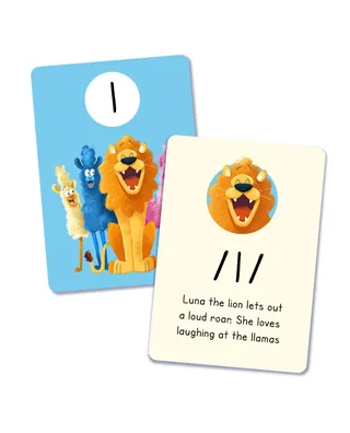 Illustration of Luna the Lion with phonics sound and laughing llamas by Paperface