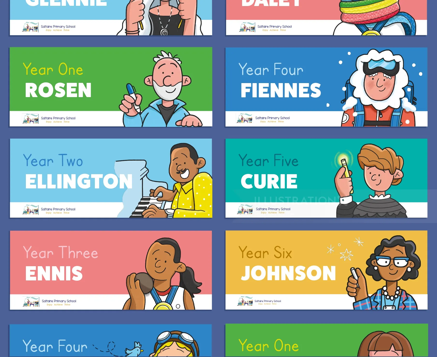 Colorful classroom signs for primary school with student illustrations by Paperface