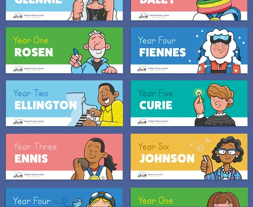 Colorful classroom signs for primary school with student illustrations by Paperface