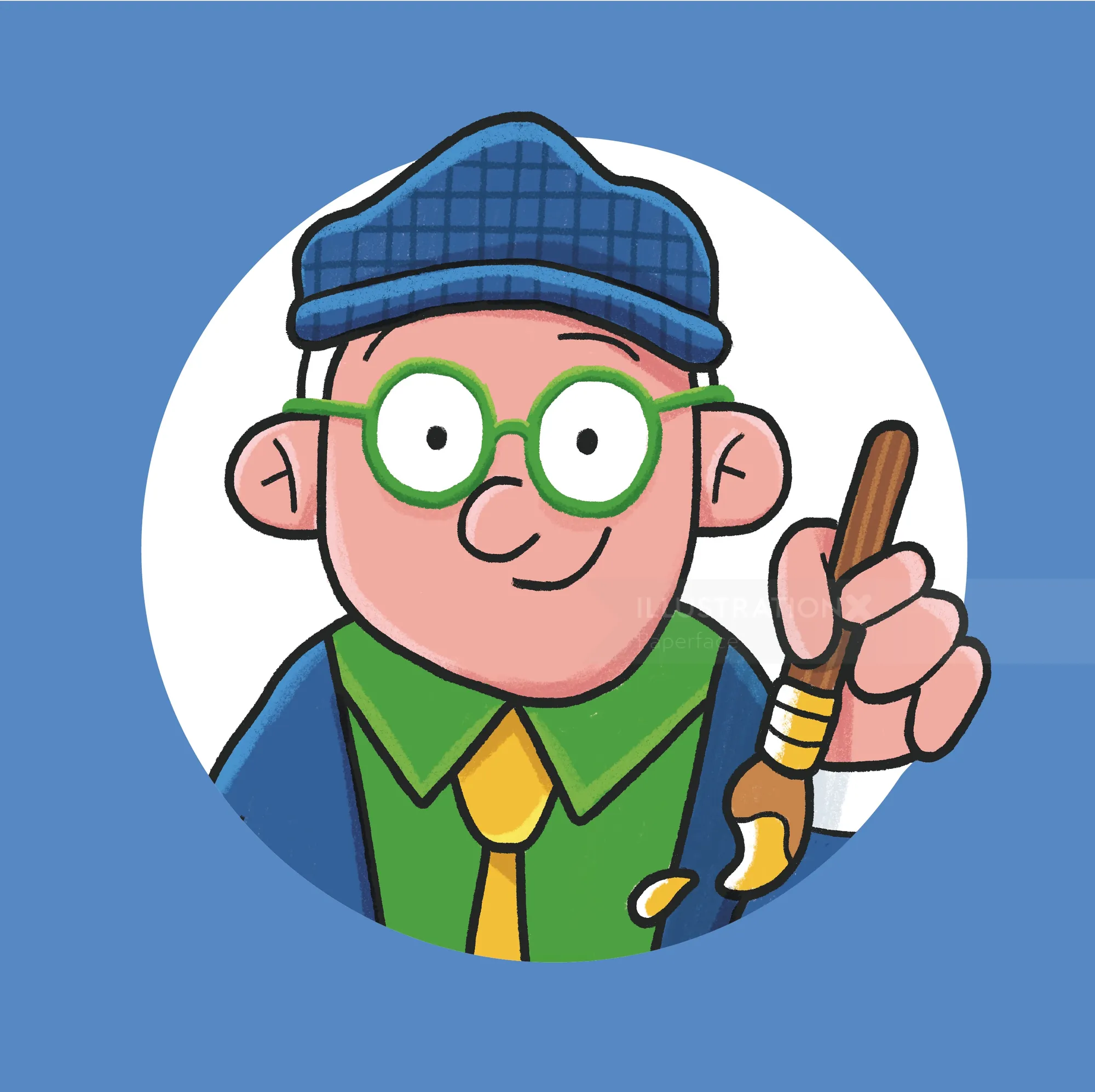 Cartoon portrait of David Hockney wearing glasses and hat by Paperface