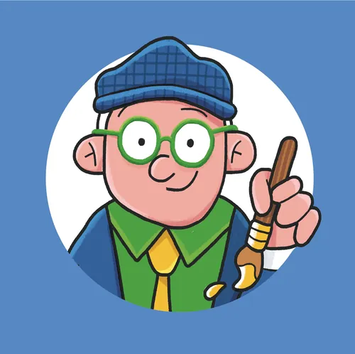 Cartoon portrait of David Hockney wearing glasses and hat by Paperface