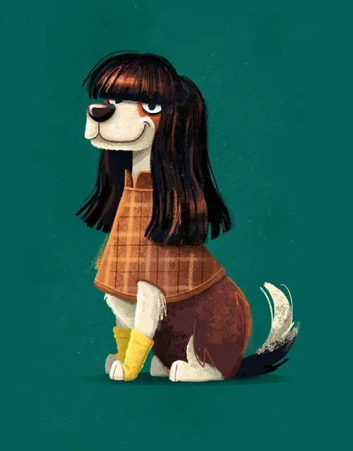 Illustration of Clawdia Winkledog character wearing a plaid dress by Paperface