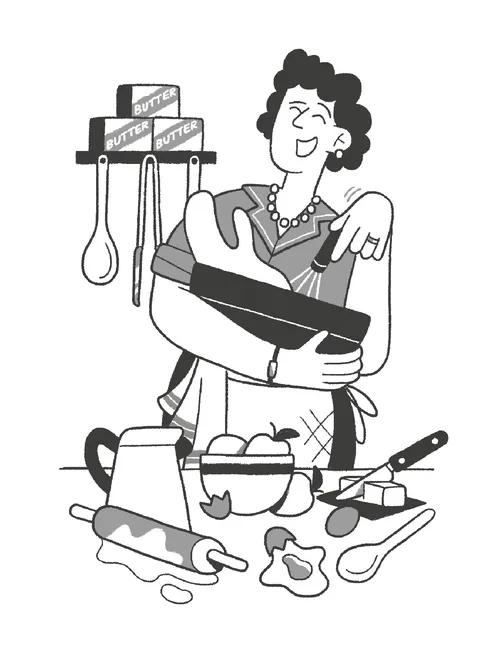 Paperface illustration of Julia Child cooking with kitchen utensils