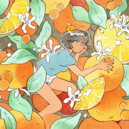 Whimsical portrait of girl with citrus fruit