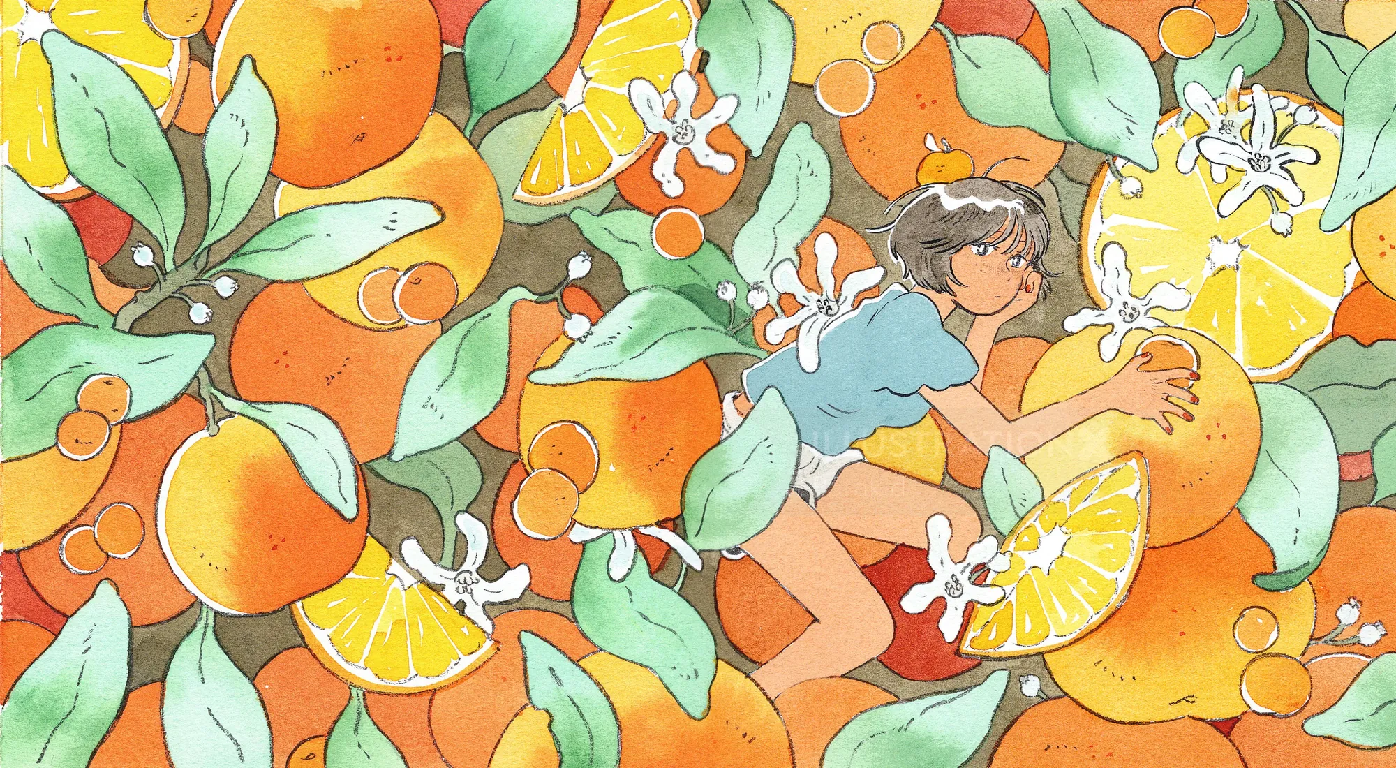 Whimsical portrait of girl with citrus fruit