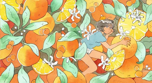Whimsical portrait of girl with citrus fruit