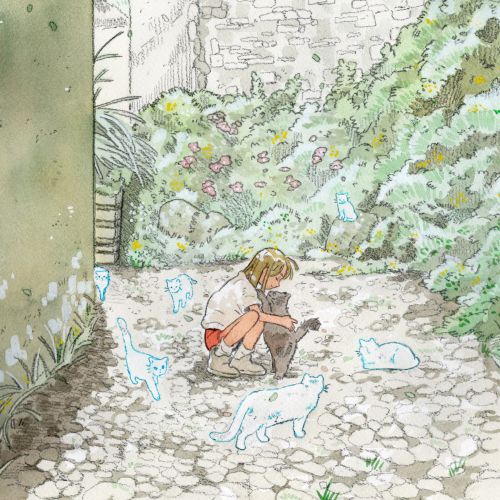 7 lives artwork girl and feline companion