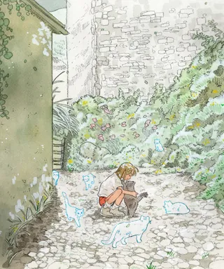 7 lives artwork girl and feline companion