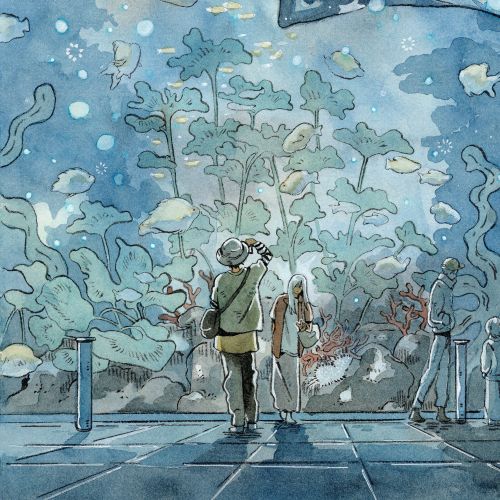 Illustration of a couple on a date at the aquarium