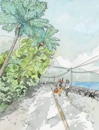 Coastal walk drawing in line and wash style