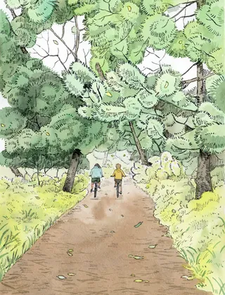 Cyclist on rural road surrounded by nature