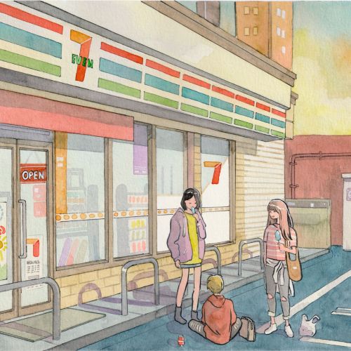 Urban street scene featuring a 7-Even storefront
