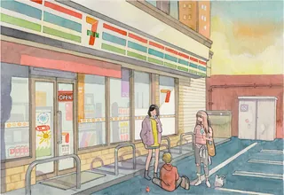 Urban street scene featuring a 7-Even storefront