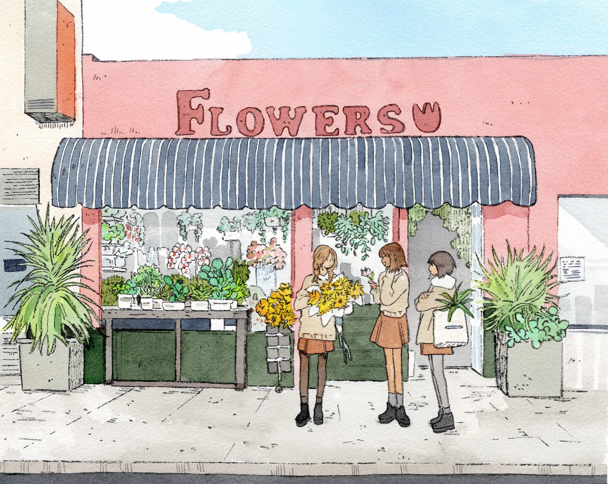 Whimsical watercolor of a blooming flower boutique