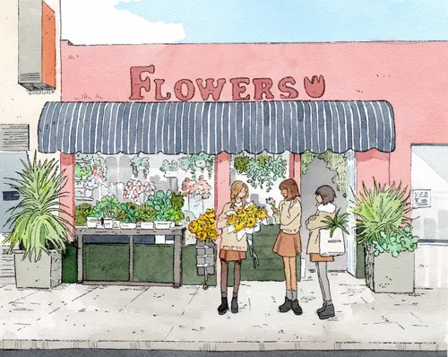 Whimsical watercolor of a blooming flower boutique