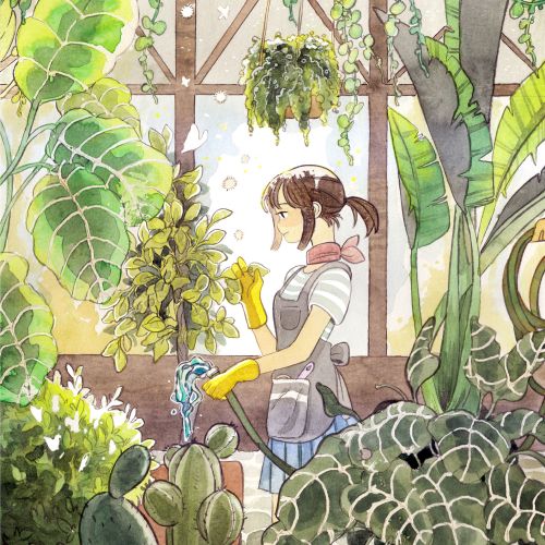 Sunlit greenhouse drawing with greenery
