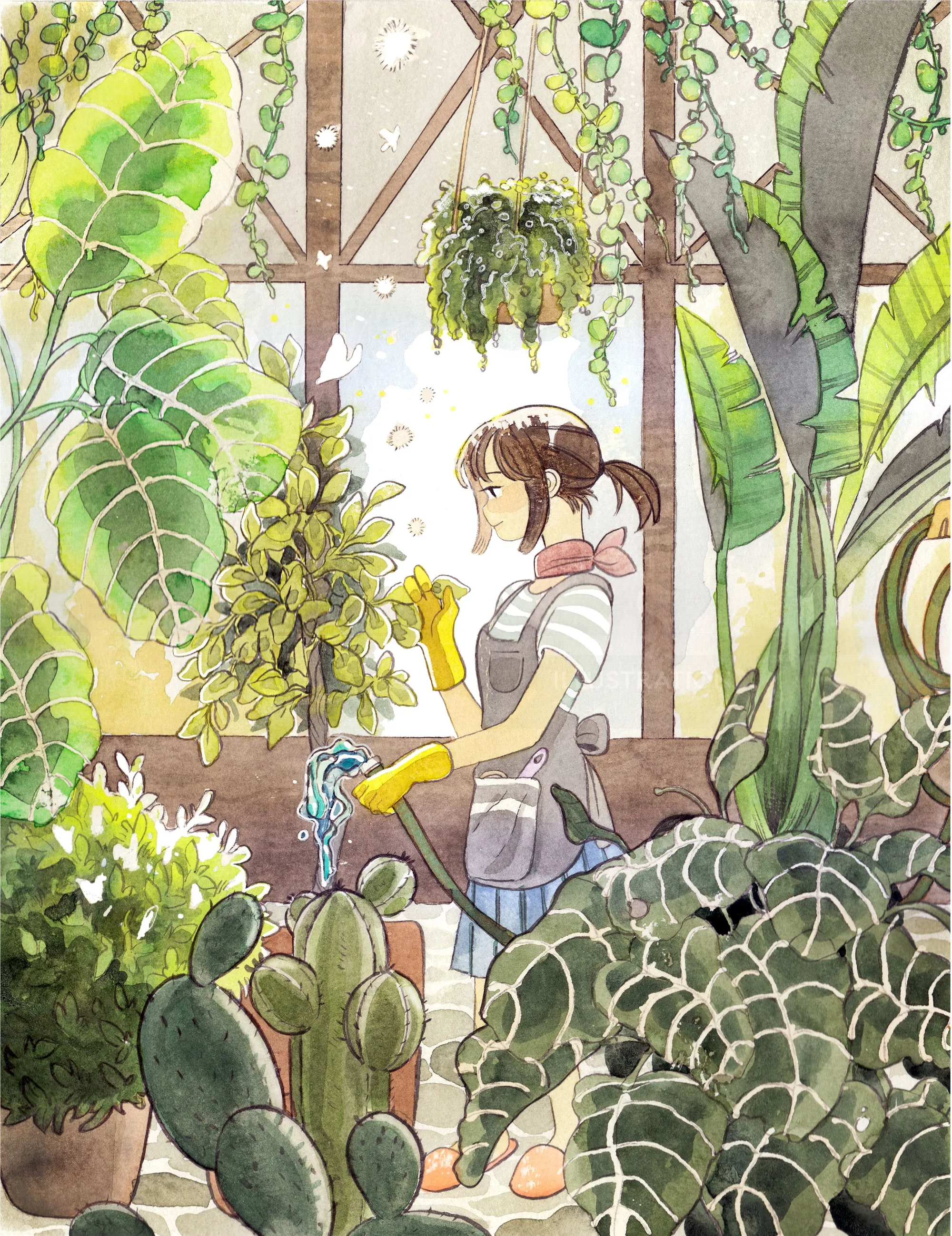 Sunlit greenhouse drawing with greenery