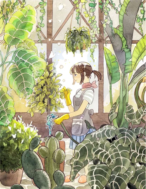 Sunlit greenhouse drawing with greenery