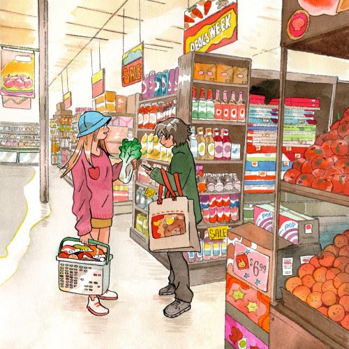 Supermarket aisle with food items