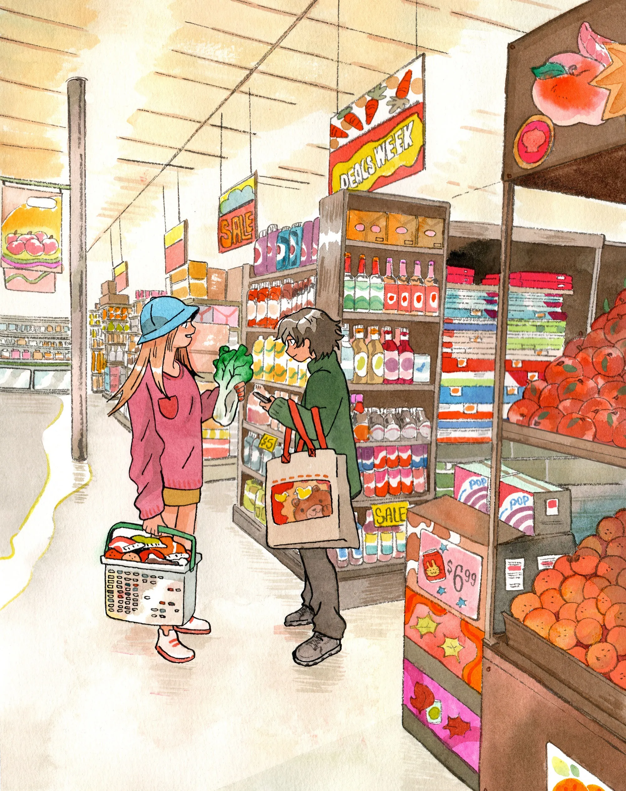 Supermarket aisle with food items