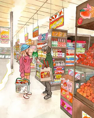 Supermarket aisle with food items
