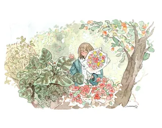 Whimsical painting of flower market