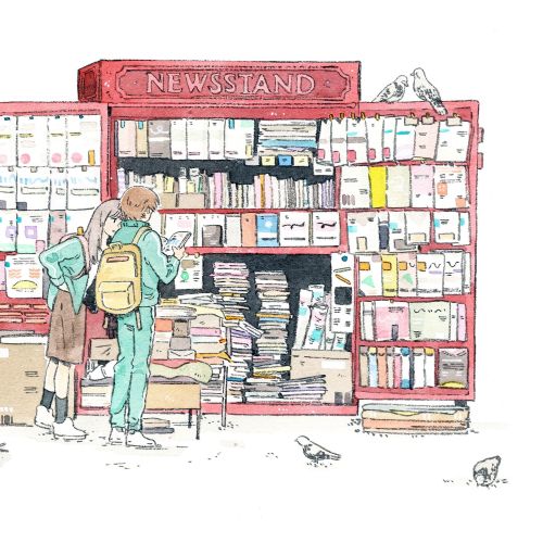 Magazine and newspaper stand comic art