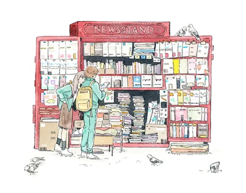 Magazine and newspaper stand comic art