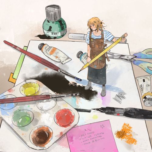 Anime child painting with art tools