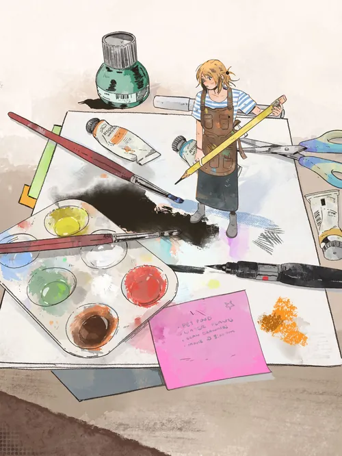 Anime child painting with art tools