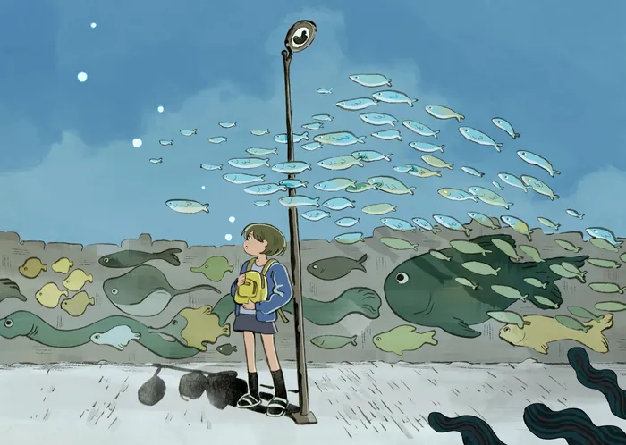 An anime-style illustration of an underwater stop