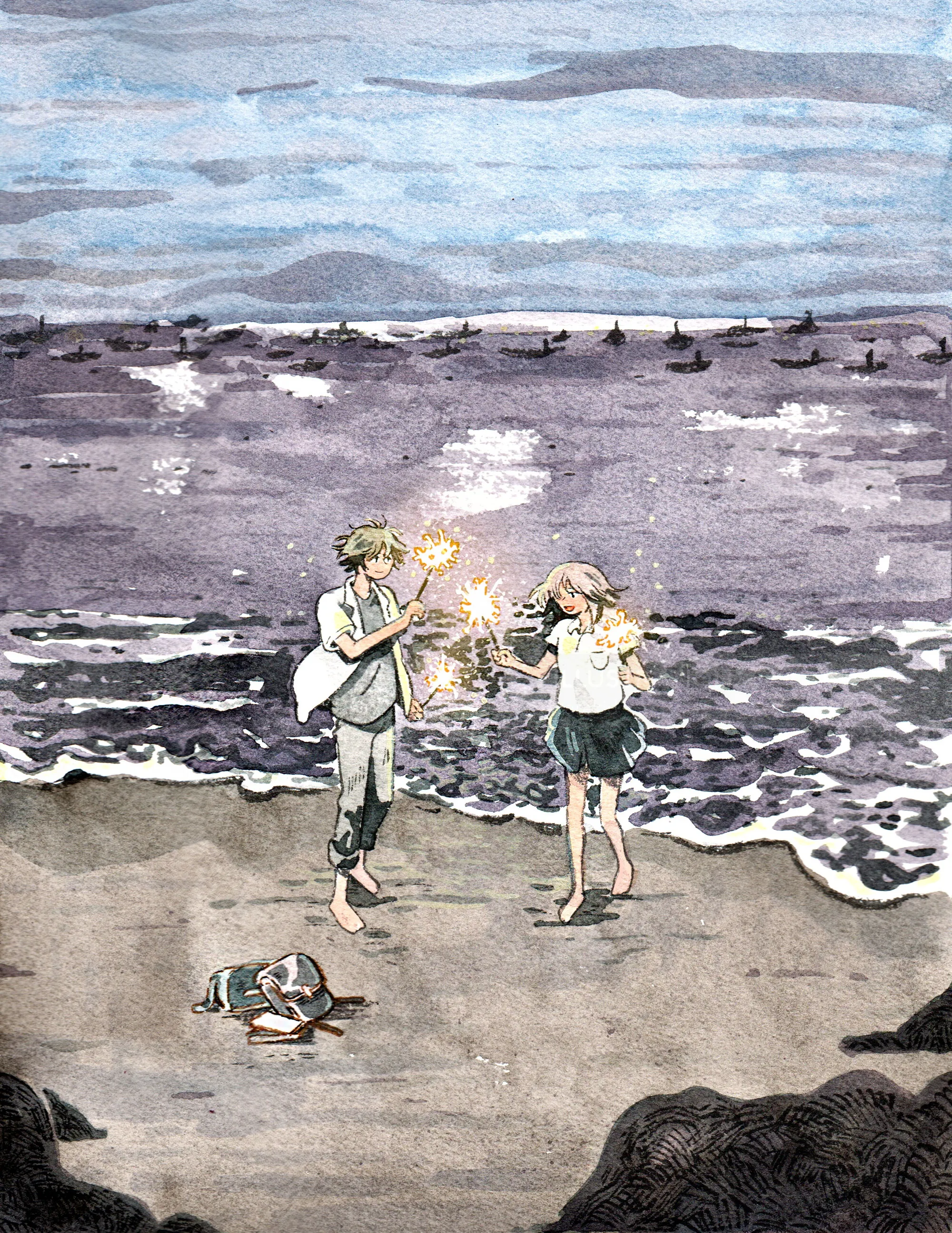 Tender moment under fireworks