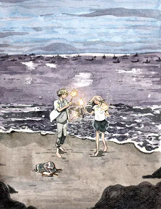 Tender moment under fireworks