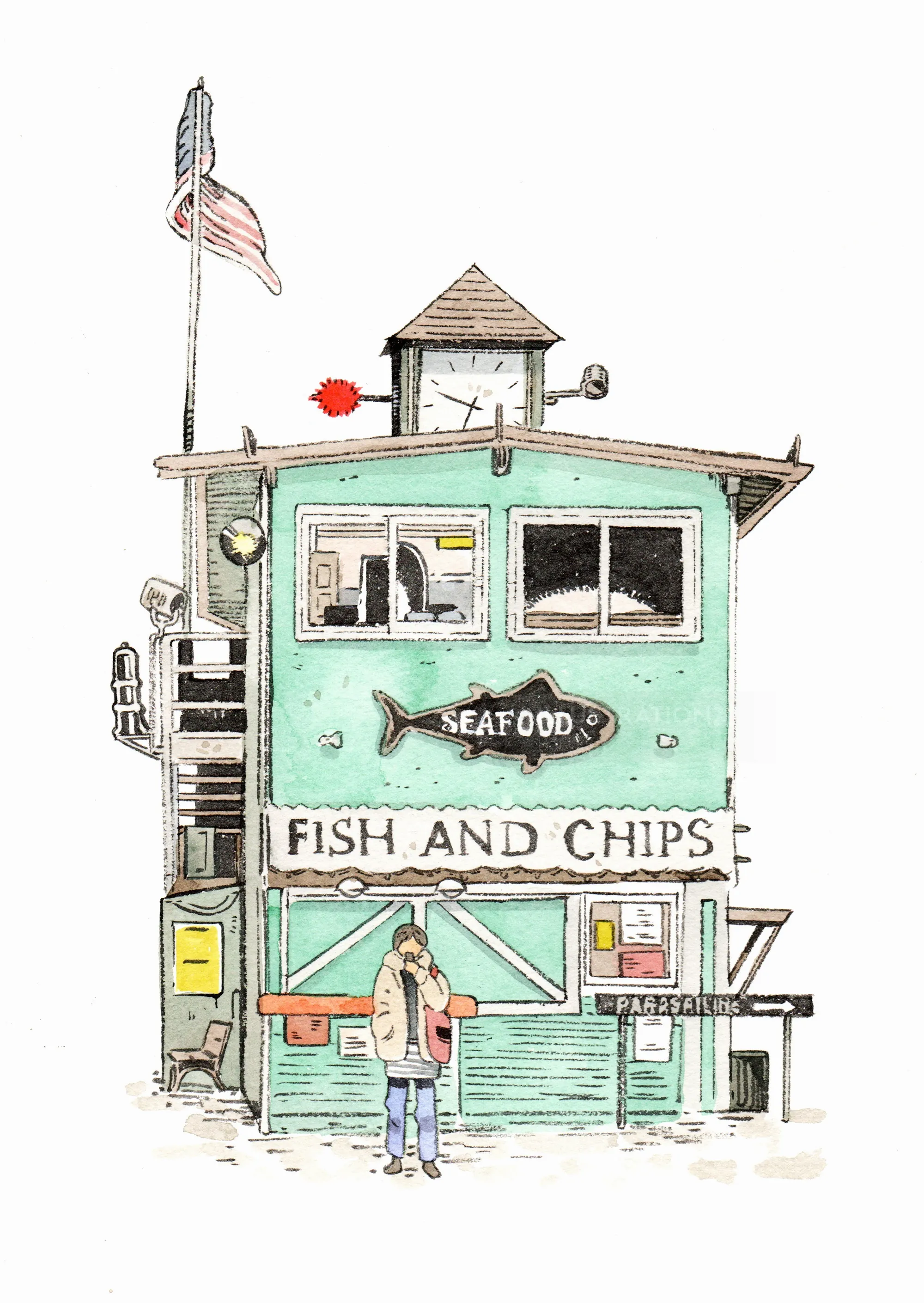 Watercolor seafood store with fish and chips