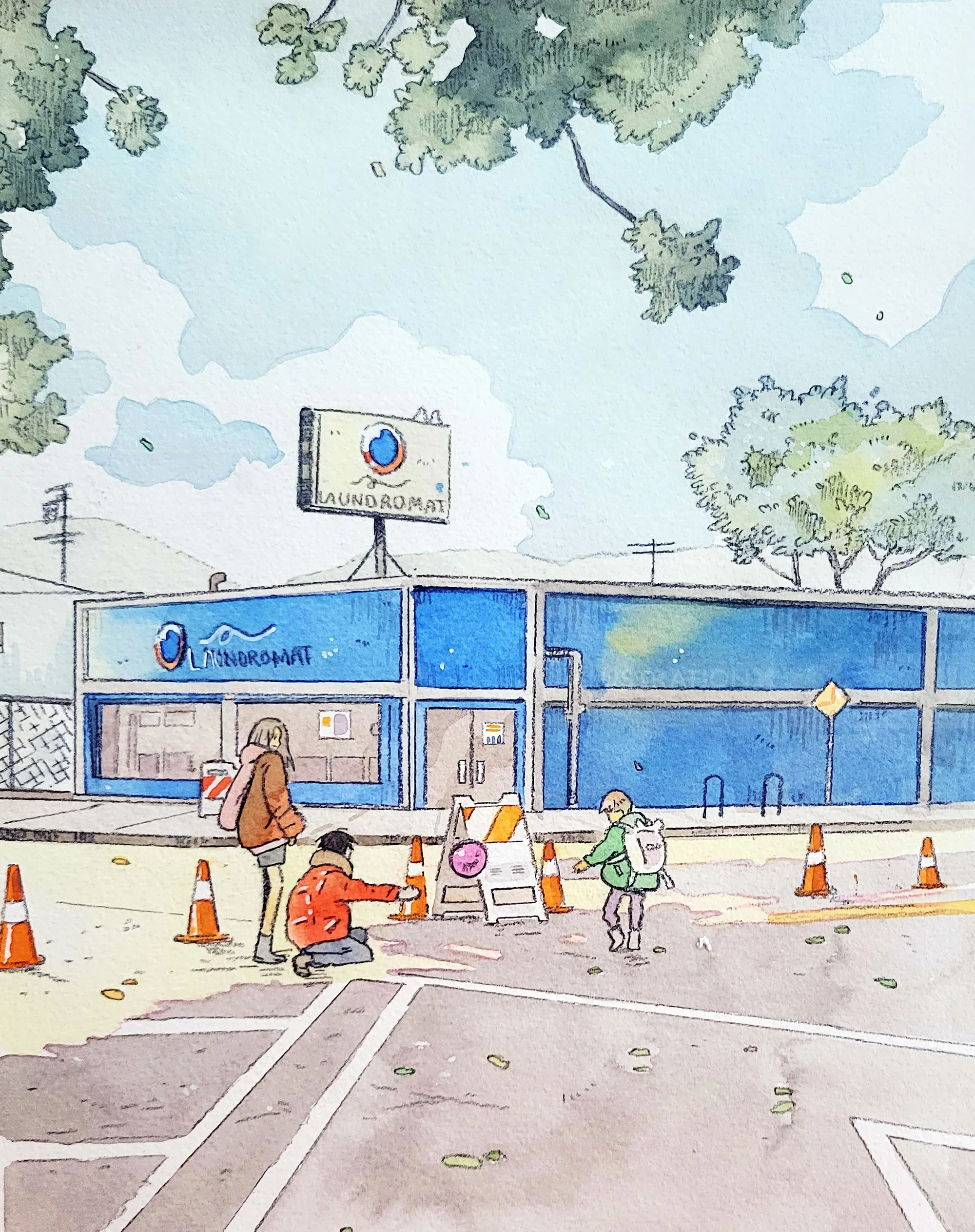Pedestrian street scene in watercolour