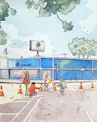 Pedestrian street scene in watercolour